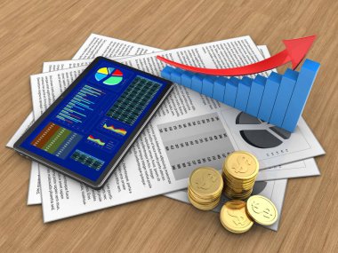 belgeler ve tablet pc ok grafik üzerinde tahta arka plan ile 3D çizimi