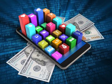 hareket eden telefon ile kağıt ve dijital arka plan üzerinde renkli simgeler 3D çizimi 