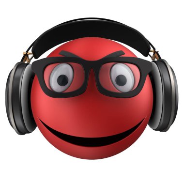 Siyah kulaklık beyaz arka plan üzerinde izole kırmızı ifade gülümsemeyle 3D çizimi