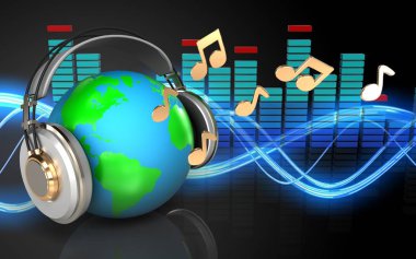 notları ses dalgası siyah arka plan üzerinde kulaklık earth 3D çizimi 