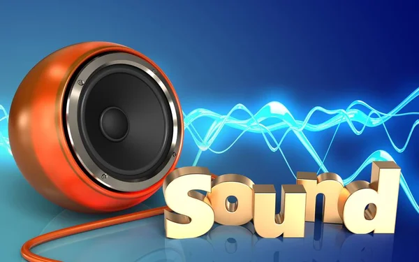 3d illustration of orange speaker with sound sign over sound wave blue background