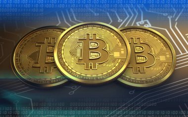 3D altın bitcoin yığını üzerinden devre arka plan resmi 