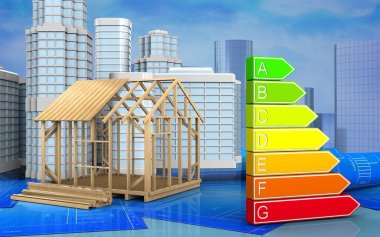 çerçeve ev inşaat ısıtmak arka plan üzerinde kentsel sahne ile 3D çizimi