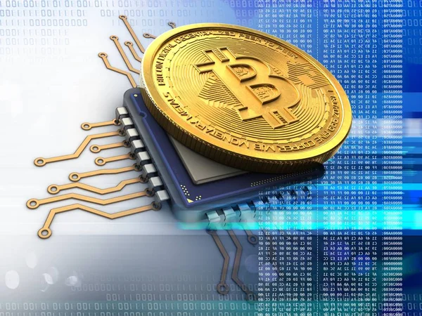 Illustration Von Bitcoin Mit Cpu Über Binärem Hintergrund — Stockfoto