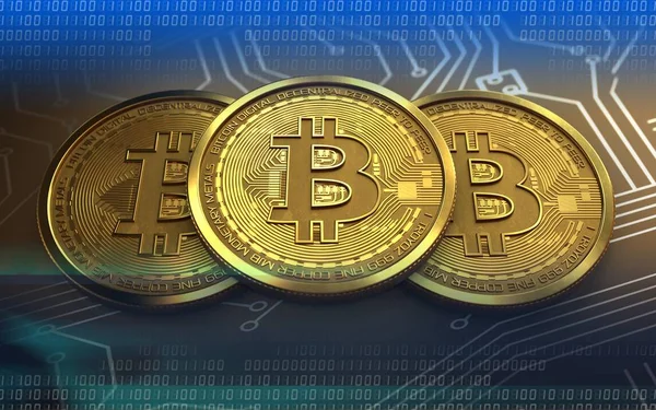 Illustration Des Goldenen Bitcoin Stapels Über Schaltkreis Hintergrund — Stockfoto