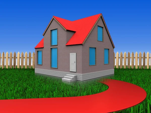 3d illustration of house with red road and fence over lawn background