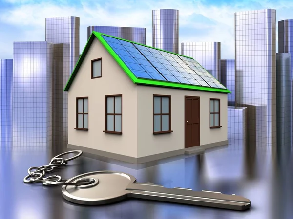 Obrázek Domova Solárními Panely Klíčem Nad Městem Pozadí — Stock fotografie