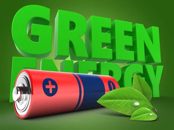 Illustration Der Batterie Mit Energietext Und Blättern Auf Grünem Hintergrund — Stockfoto