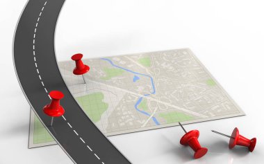 3D kırmızı pimleri ve beyaz arka plan üzerinde izole yol ile parlak harita gösterimi