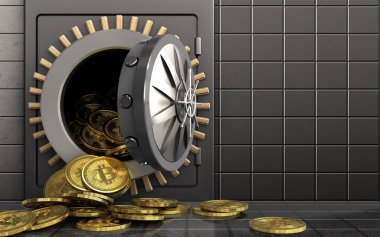 3D resimde metal çelik duvar arka plan üzerinde bitcoins yığın ile güvenli
