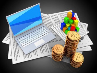 siyah arka plan üzerinde paralar ile grafik ve beyaz dizüstü belgelerle 3D çizimi 