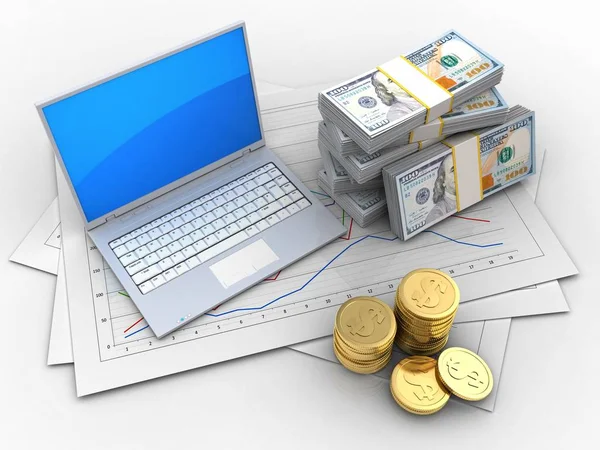 3d illustration of diagram papers and laptop with money over white background with money