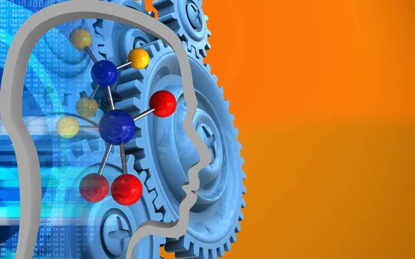 Illustration Molekyl Med Blå Växlar Över Orange Bakgrund — Stockfoto