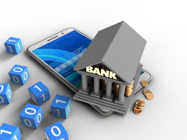 Beyaz smartphone ikili küpleri ve beyaz arka plan üzerinde izole banka binası ile 3D çizimi
