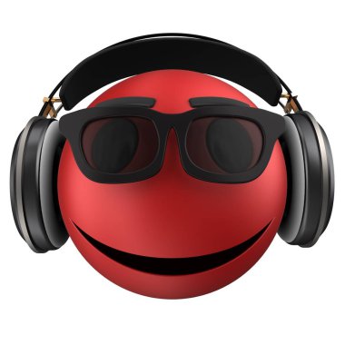 Siyah kulaklık beyaz arka plan üzerinde izole kırmızı ifade gülümsemeyle 3D çizimi