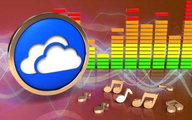 bulutlar simgesinin üzerinde kırmızı ses dalgası arka plan notları ile 3D resmi