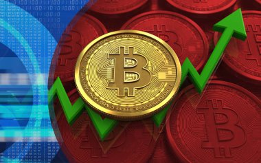 bitcoin kırmızı paralar arka plan üzerinde yeşil ok ile 3D çizimi 