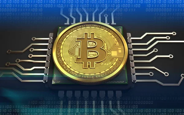 Darstellung Von Bitcoin Mit Cpu Auf Schwarzem Hintergrund — Stockfoto