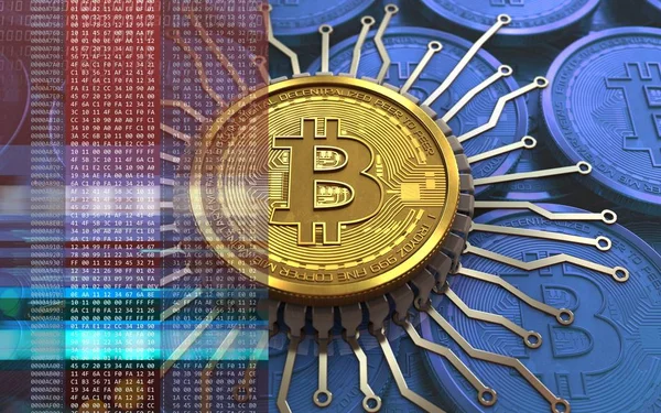 Illusztráció Bitcoin Integrált Chip Több Mint Háttér Kék Érmék Stock Kép
