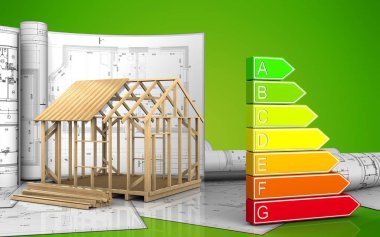 çerçeve ev inşaat çizimleri yeşil arka plan üzerinde ile 3D çizimi