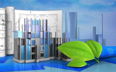 çizimler ve ısıtmak arka plan üzerinde yeşil yaprakları ile İnşaat ilerleme 3D çizimi