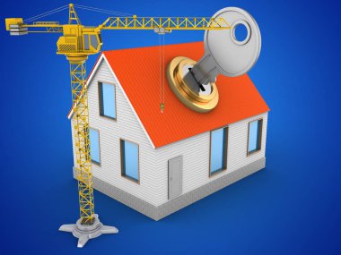 3D ev kırmızı çatı ile anahtar ve vinç mavi arka plan üzerinde gösterimi 
