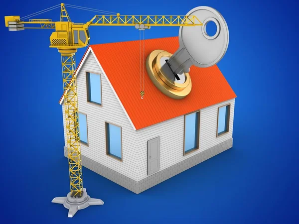 Illustration Des Hauses Rotes Dach Mit Schlüssel Und Kran Auf Stockfoto