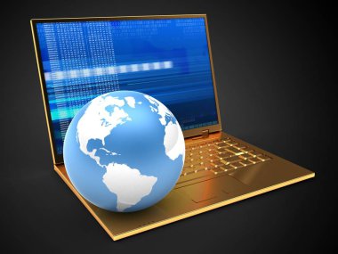 altın bilgisayar dijital ekran ve dünya dünya üzerinde siyah arka plan ile 3D çizimi