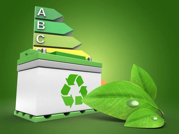 Illustration Car Battery Energy Rating Green Leaves Green Background — Stock Photo, Image