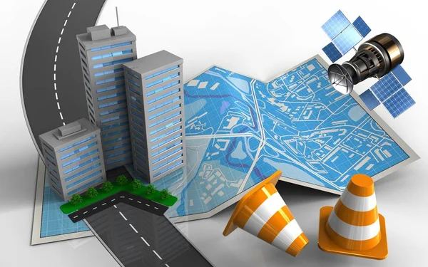Illustration City Map City Buildings Repair Cones Road Isolated White — Stock Photo, Image