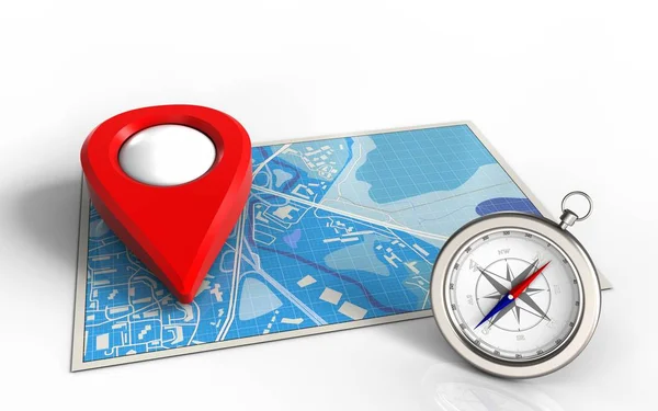3d illustration of blue map with point icon and compass isolated on white background