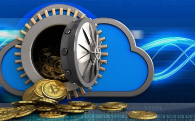 bulut bitcoins yığın üzerinde dijital dalgalar arka plan ile 3D çizimi