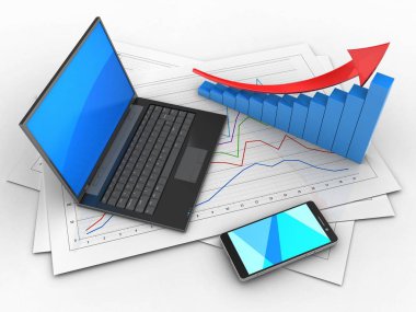 Diyagram kağıtları ve ok grafik beyaz arka plan üzerinde siyah dizüstü 3D çizimi 