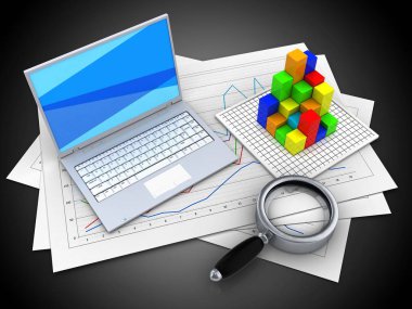 Diyagram kağıtları ve beyaz dizüstü siyah arka plan üzerinde 3D çizimi 