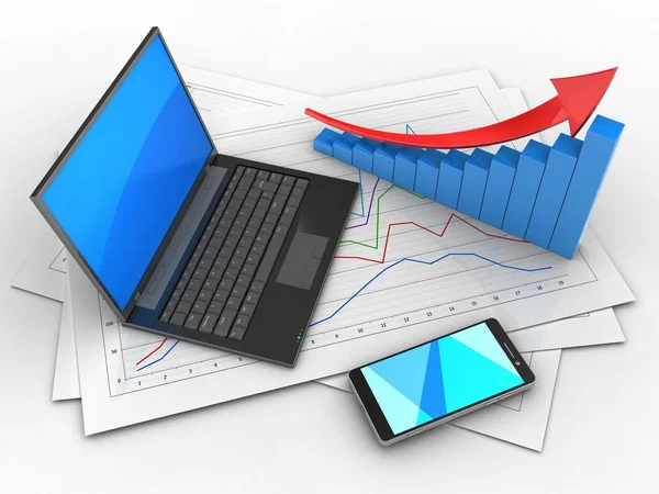 Ilustración Papeles Diagrama Portátil Negro Con Gráfico Flecha Sobre Fondo —  Fotos de Stock