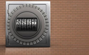 metal güvenli kod kadranı üzerinde tuğla duvar arka plan ile 3D çizimi