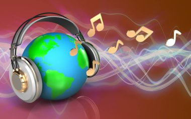 notları kırmızı ses dalgası arka plan üzerinde kulaklık earth 3D çizimi 