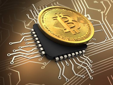 devre arka plan üzerinde cpu ile bitcoin 3D çizimi 
