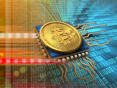 ikili arka plan üzerinde cpu ile bitcoin 3D çizimi 
