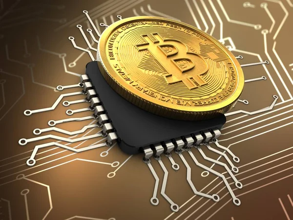 Illustration Von Bitcoin Mit Cpu Über Schaltkreis Hintergrund — Stockfoto