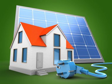 güneş paneli ve güç kablosunu yeşil arka plan üzerinde ev 