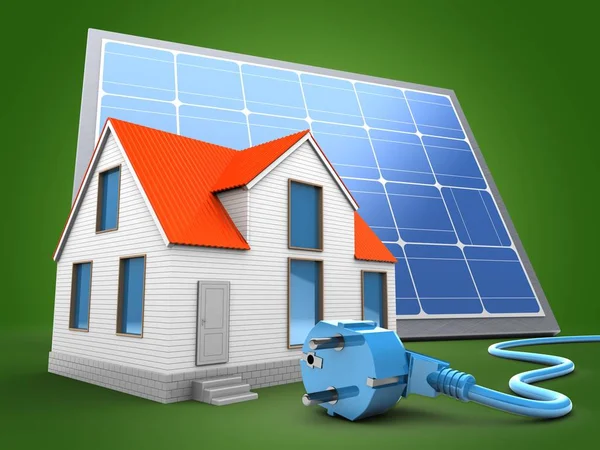 Casa Con Panel Solar Cable Alimentación Sobre Fondo Verde — Foto de Stock