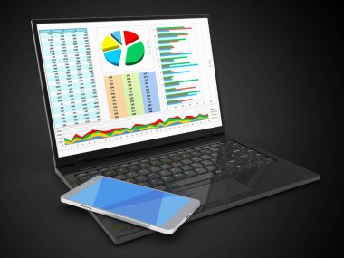 dizüstü bilgisayar ile iş veri perde ve cep telefonu siyah arka plan üzerinde 