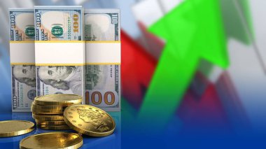Doları banknot okları üzerine altın sikke ile arka plan grafik 