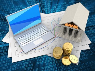 Kağıtları dijital arka plan banka ile üzerinden Diyagram ve beyaz dizüstü bilgisayar ile