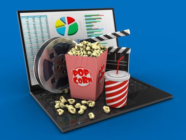 iş veri ekran ve sinema mal üzerinde mavi arka plan ile dizüstü bilgisayar 