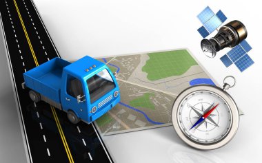 kamyon ile harita ve beyaz arka plan üzerinde pusula