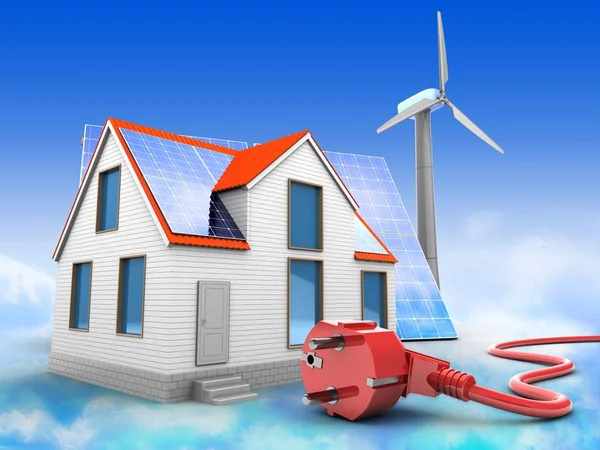 modern house with solar and wind energy and power cord on bkue sky background