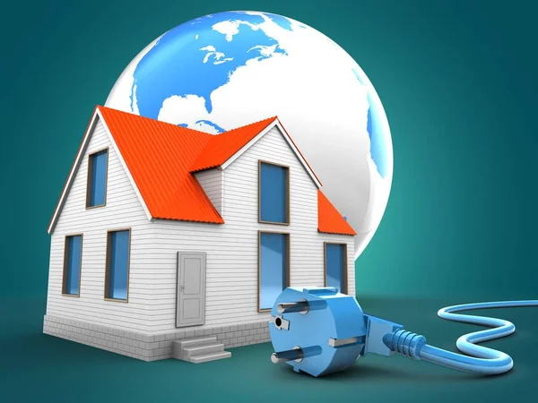 Huis Met Wereld Globe Power Kabel Blauwe Achtergrond — Stockfoto