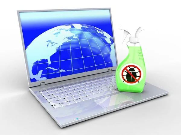 Laptop Com Tela Terra Spray Bug Fundo Branco — Fotografia de Stock